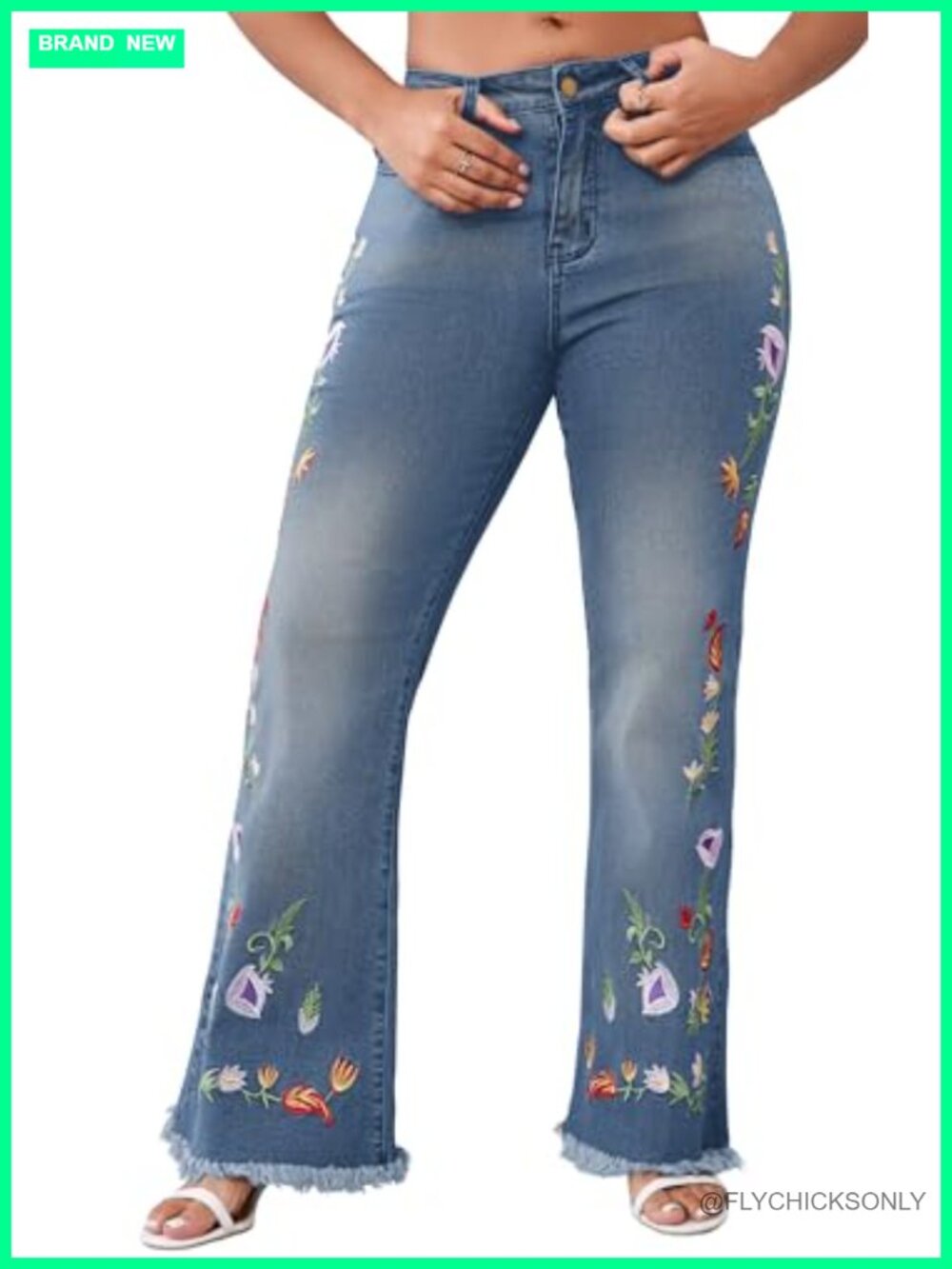 Women's Floral Embroidered High Rise Bell Bottom Flare Jeans Denim Pants